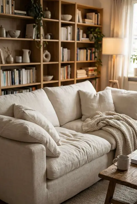 Warm and minimalist reading corner featuring a plush beige linen sofa layered with a chunky knit throw blanket. Behind the seating stands a floor-to-ceiling wooden bookshelf filled with books and neutral ceramics, accompanied by a rustic wood coffee table and a simple floor lamp.