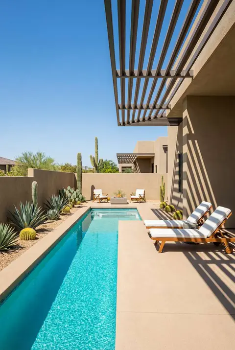 Narrow, rectangular swimming pool in a bright, sunny desert backyard setting, likely in the Southwest US. The pool is surrounded by light-colored concrete decking and features desert-appropriate landscaping with tall saguaro cacti, various agave plants, and barrel cacti. A modern building with earth-toned stucco walls features a slatted pergola casting strong shadow lines across the patio
