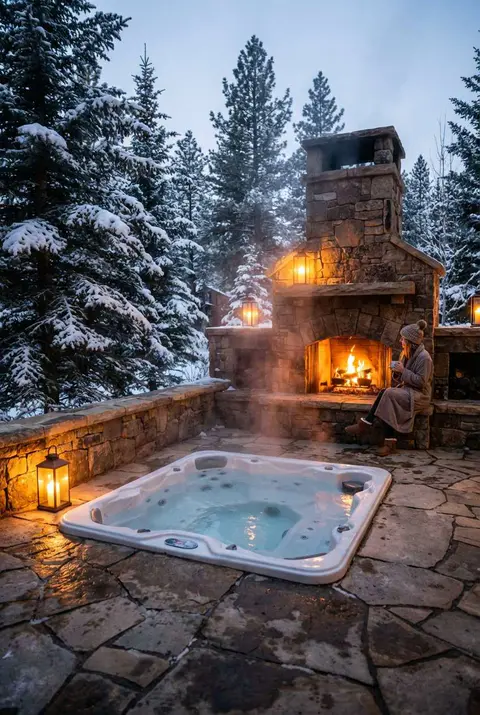 A person wearing a coat and hat relaxing in a white, square hot tub outdoors at dusk or night in a snowy, winter landscape. A large, rustic stone outdoor fireplace with a roaring fire provides warm light, illuminating the steam rising from the tub. The area is surrounded by snow-covered pine trees and a flagstone patio with a low stone wall and lit lanterns.