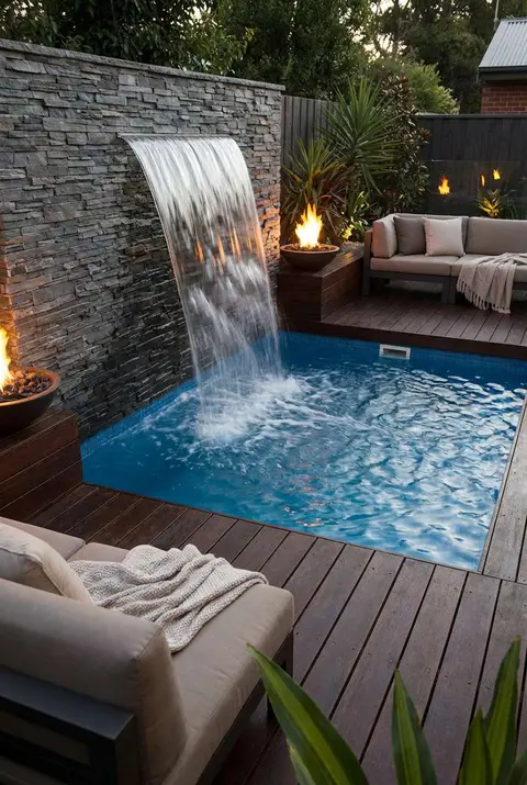 Small, modern square plunge pool or spa surrounded by dark stained wooden decking, featuring a dramatic sheet waterfall flowing from a stacked gray ledger stone feature wall. Two modern fire bowls flank the pool, creating a warm ambiance alongside comfortable outdoor sectional seating. Small backyard design, waterfall pool, outdoor fireplace, cozy spa area.