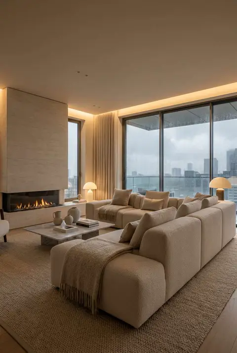 Luxurious, serene living room with floor-to-ceiling windows overlooking a rainy city skyline at dusk. A massive, modular cream or beige bouclé sectional sofa dominates the foreground. A modern, linear gas fireplace is set into a large, light-colored stone or marble wall. The room has warm recessed lighting and two mushroom-style table lamps casting a soft glow over a square marble coffee table with decorative ceramics. Keywords: luxury apartment, cream bouclé sofa, modern fireplace, floor-to-ceiling windows, city view, marble wall, warm lighting