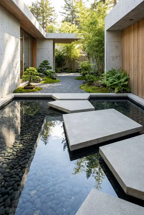 Minimalist Japanese-style garden courtyard featuring a shallow dark water feature with large, irregularly shaped grey stepping stones leading across the surface. The pond bottom is covered with smooth black river stones, surrounded by concrete walls, manicured bonsai, and bamboo. Keywords: Japanese garden, stepping stones, water feature, minimalist design, zen garden, concrete architecture.