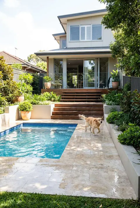 Backyard view of a small rectangular swimming pool with bright blue water and light travertine tile decking. A happy golden retriever dog is shaking off water near the pool edge. A modern two-story house with a large wooden deck and glass sliding doors is visible in the background, framed by lush landscaping. Keywords: backyard pool, golden retriever, travertine patio, residential swimming pool, dog by pool, modern home exterior.