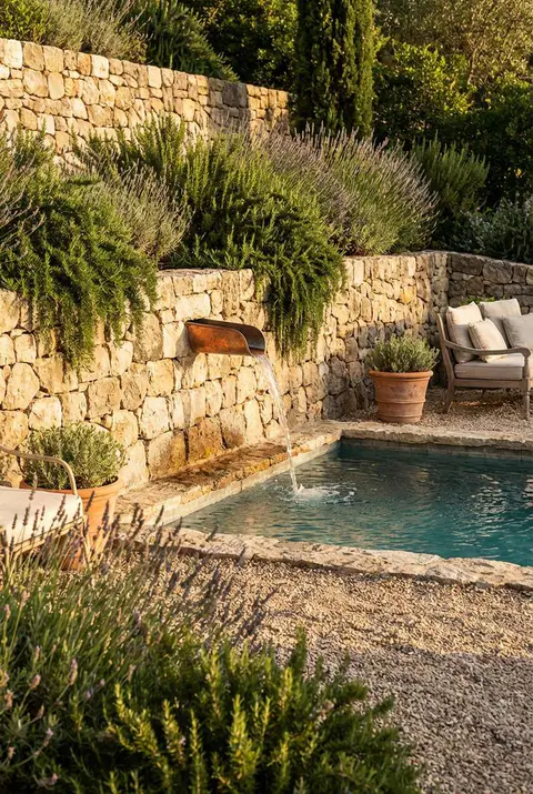 Small, rustic swimming pool or dipping pool nestled against a terraced hillside supported by rugged stacked stone retaining walls, with lavender and rosemary bushes growing on the terraces. A copper or rustic metal spout flows water into the pool, which has a natural stone and gravel surround, with outdoor lounge seating visible. Tuscan style, natural stone pool, garden water feature, Mediterranean landscape