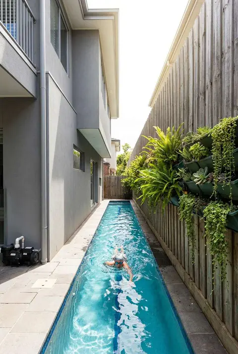 Extremely narrow, long lap pool installed in a tight side yard between two modern residential buildings. The pool water is bright blue, and a person wearing goggles is swimming laps. One side features a vertical garden wall with ferns and succulents against a wooden fence, while the other side shows the gray exterior of the neighboring house. Small space pool, narrow lap pool, vertical gardening, urban swimming