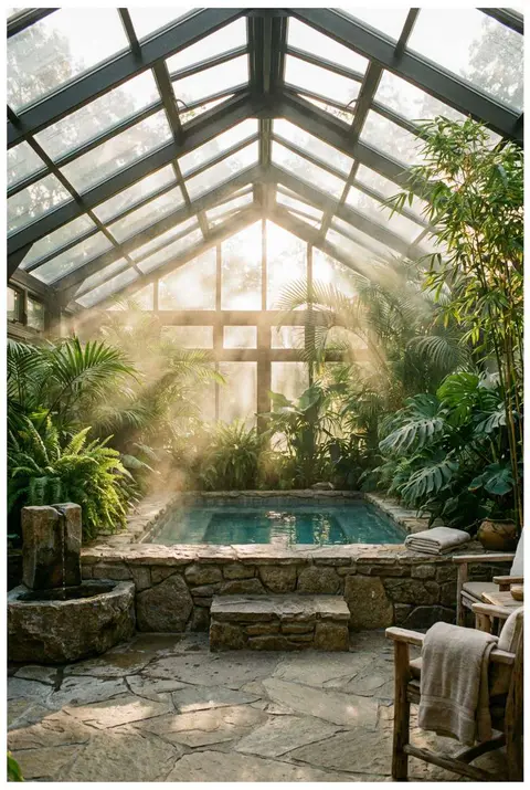 Cozy, steamy indoor spa or hot tub enclosed within a greenhouse or sunroom with a pitched glass ceiling and walls. The stone-surrounded hot tub features steps and a small natural stone water fountain feature. Tropical plants like ferns and monsteras fill the space, creating a humid, sunlit jungle atmosphere